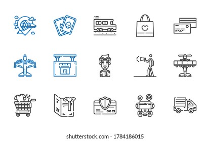 commercial icons set. Collection of commercial with delivery truck, school bus, credit card, card, shopping cart, airplane, advertising. Editable and scalable commercial icons.