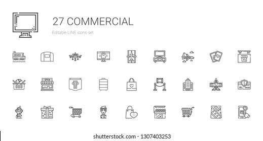 commercial icons set. Collection of commercial with trolley, store, supermarkets, pilot, shopping cart, supermarket gift, office building. Editable and scalable commercial icons.