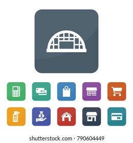 Commercial icons. vector collection filled commercial icons such as hangar, credit card, pos terminal, money sack on hand, bank card, shopping bag, store, pos terminal