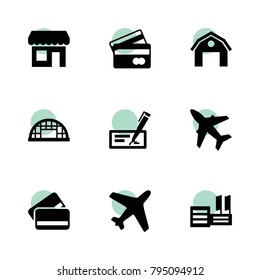 Commercial icons. vector collection filled commercial icons set.. includes symbols such as hangar, credit card, bank card, store. use for web, mobile and ui design.