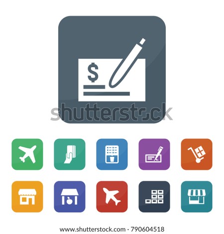 Commercial icons. vector collection filled commercial icons such as storage, check, plane, coffee, office building, credit card payment, store, add to cart, cheque