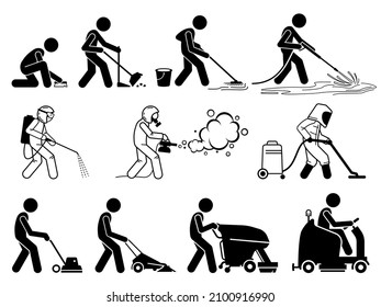 Commercial and industrial cleaning services worker with equipment. Vector illustrations of people sweeping, cleaning, washing, vacuuming, and disinfect for hygiene. 