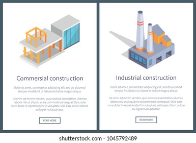 Commercial and industrial construction, web pages set with text sample, constructions and buttons, vector illustration isolated on white background