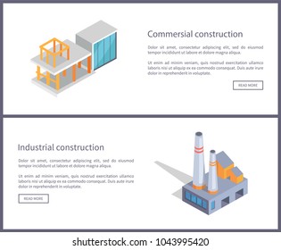 Commercial and industrial construction, web samples set with text sample and headlines, buttons and constructions isolated on vector illustration