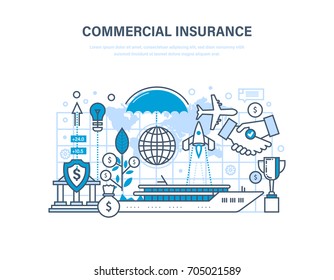 Commercial insurance. Insurance of business, ships, aircraft. Property insurance, financial security, commercial activity, investment and property. Illustration thin line design of vector doodles.