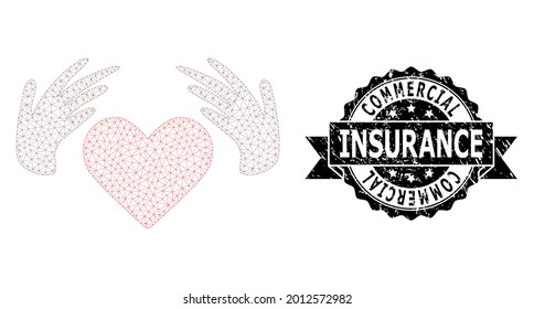Commercial Insurance grunge seal print and vector handmade love mesh structure. Black seal has Commercial Insurance text inside ribbon and rosette. Abstract flat mesh handmade love,