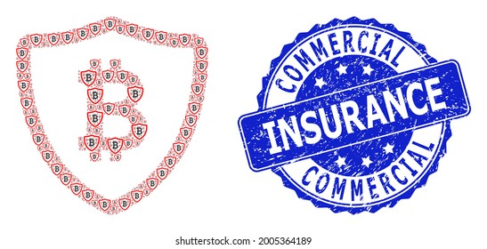 Commercial Insurance rubber round stamp seal and vector recursive composition bitcoin shield. Blue stamp seal includes Commercial Insurance text inside circle shape.