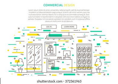 Commercial interior design landing page linear vector illustration. Line graphic design of retail shop, store. Creative concept of flat interior design website page (banner).
