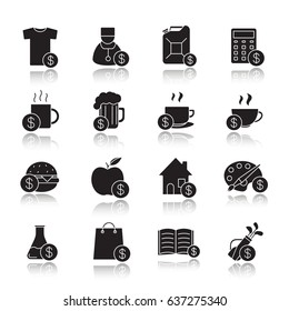 Commercial items drop shadow black icons set. Buy food, petrol, books, research, real estate, clothes, art and sport goods. Isolated vector illustrations