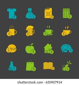 Commercial items glyph color icon set. Buy food, petrol, books, research, real estate, clothes, art and sport goods. Silhouette symbols on black backgrounds. Negative space. Vector illustrations