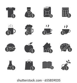 Commercial items glyph icons set. Silhouette symbols. Buy food, petrol, books, research, real estate, clothes, art and sport goods. Vector isolated illustration