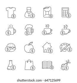 Juego de iconos lineales de elementos comerciales. Compra comida, gasolina, libros, investigación, bienes raíces, ropa, arte y artículos deportivos. Símbolos de contorno de línea delgada. Ilustraciones de contorno vectorial aisladas