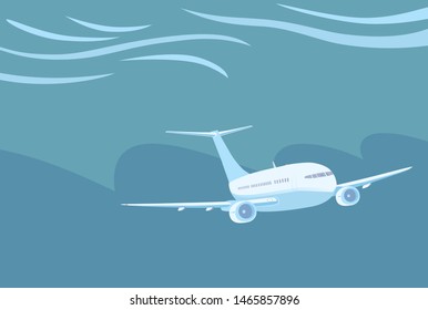 Commercial jet airliner in flight. Airplane with two engines flying. Severe weather conditions, dangerous meteorological with the potential to cause damage. Vector illustration.