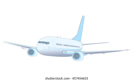 Commercial jet airplane in flight (in-flight, during the flight). Airliner with two engines flying . Front side view. Vector illustration. Isolated on white background. EPS-8.