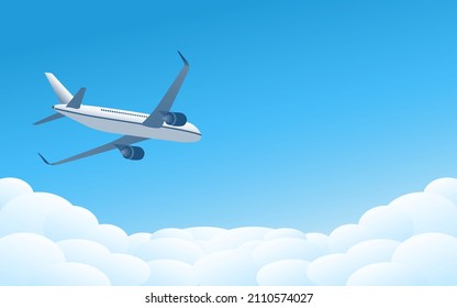 Commercial jet airplane flying above clouds with blue background - Vector Illustration 