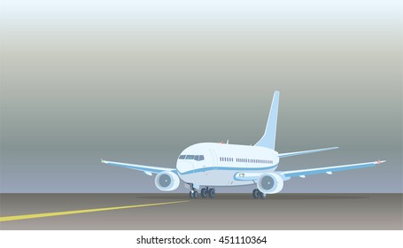 Commercial jet airplane on on the runway after landing (before take off). Airliner with two engines. Front side view. Vector illustration, EPS 8.