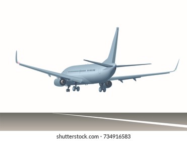 Commercial jet airplane over the runway before landing (take off). Airliner with two engines and chassis. Back side view. Vector illustration EPS-8.