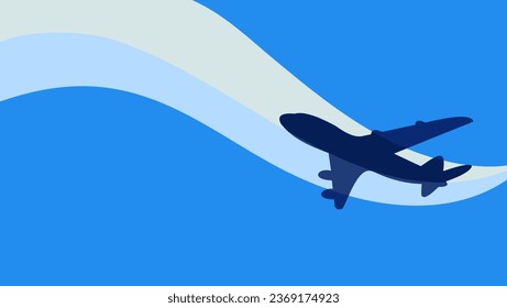 A commercial jetliner soars through a clear, blue sky, high quality vector flat illustration with space to insert text