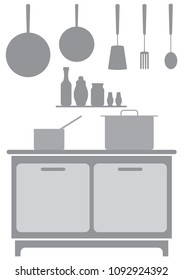 A commercial kitchen background in shades of gray