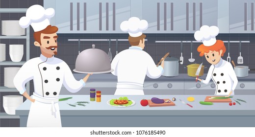 Commercial Kitchen with Cartoon Characters Chef Cook Dish Dinner. Vector Illustration of restaurant kitchen with Culinary Staff Holding Round Cloche Tray with Food.