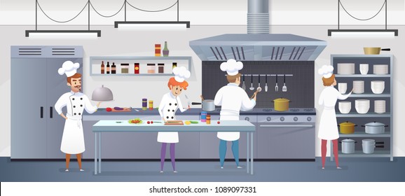 Commercial Kitchen with Cartoon Characters Chef Cook Dish Dinner. Vector Illustration of restaurant kitchen with Culinary Staff Holding Round Cloche Tray with Food.