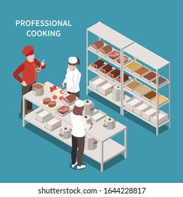 Commercial kitchen food preparation area with professional cooking staff and chef tasting soup isometric composition vector illustration 