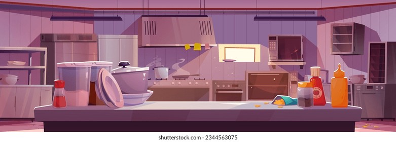 Commercial kitchen interior in restaurant, cafe or canteen with professional equipment for cooking. Dish, cooker pot, sauces on table in catering kitchen, vector cartoon illustration