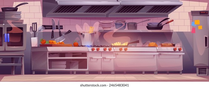 Commercial kitchen interior in restaurant for chef illustration. Professional cooking equipment with counter and modern furniture 2d background. Cafe serve room and dinner preparation process.