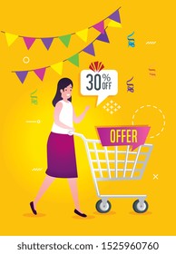 commercial label with offer lettering and woman vector illustration design