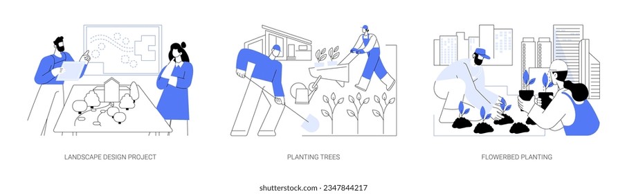 Commercial landscaping abstract concept vector illustration set. Landscape design project, planting trees, flower bed layout, meeting with professional architect, park development abstract metaphor.