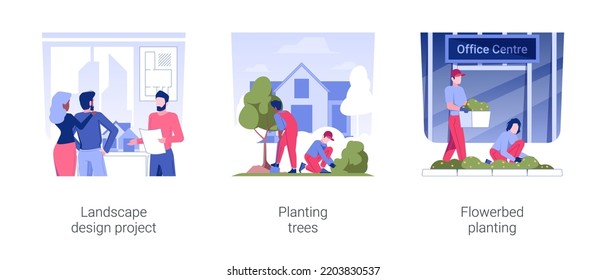 Commercial Landscaping Isolated Concept Vector Illustration Set. Landscape Design Project, Planting Trees, Flower Bed Layout, Meeting With Professional Architect, Park Development Vector Cartoon.