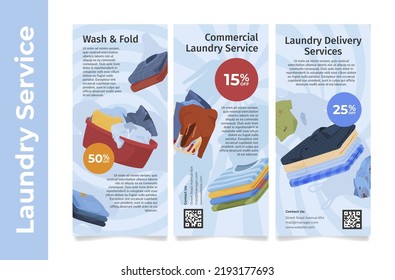 Commercial Laundry Delivery Service Sale Digital Coupon Poster Set Vector Illustration. Dirty Clothes Cleaning Discount Special Offer Price Off Promo Advertising. Clothing Washing Housekeeping Hygiene