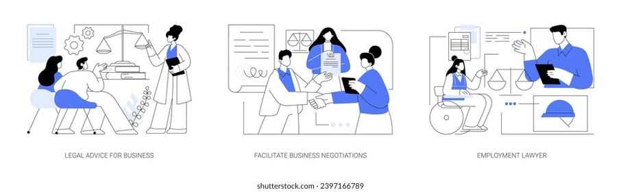 Commercial law isolated cartoon vector illustrations set. Legal advice for business, lawyer facilitate negotiations of business partners, professional employee rights consultancy vector cartoon.