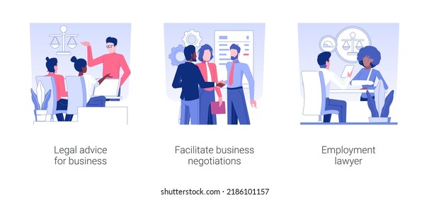 Commercial law isolated concept vector illustration set. Legal advice for business, facilitate business negotiations, employment lawyer service, banking and finance company vector cartoon.