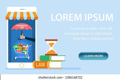 Commercial Law Landing Page Flat Vector Template. Online Legal Advice, Financial Consulting Service Web Banner. Customer Rights Defense. E-trading, E-commerce, Shopping. Smartphone Illustration