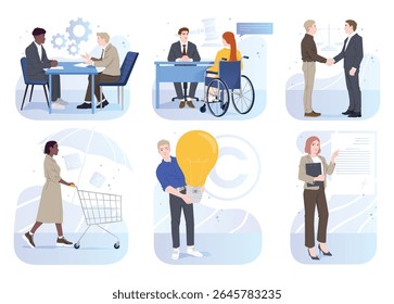 Direito comercial. Cenário com advogados prestando aconselhamento a empresários, facilitando negociações de parceiros comerciais e registrando direitos autorais. Ilustração de vetor plano isolada no plano de fundo