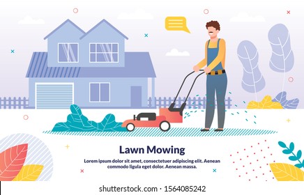 Commercial Lawn Moving Service, Customer Loan for Gardening Machines Trendy Vector Advertising Banner, Promo Poster Template. Worker, Gardener in Overall, Man Moving Lawn Grass with Mover Illustration
