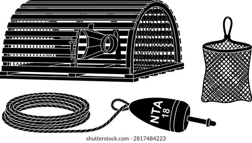 Commercial Lobster Trap Vector Set with Wooden Crate Buoy Rope and Bait Bag for Marine Fishing Graphic Designs.eps