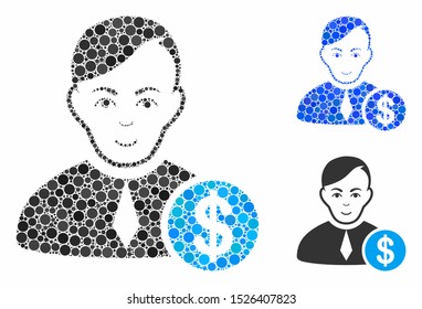 Commercial loyer composition for commercial loyer icon of spheric dots in variable sizes and color tinges. Vector dots are united into blue mosaic.