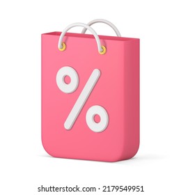 Commercial marketing pink paper shopping bag business retail store sale discount special offer realistic 3d icon vector illustration. Customer package purchase carrying percentage promo advertising