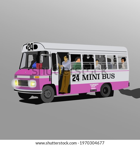 Commercial mini bus vector illustration. Public transport persons concept. Classical full passenger on the way to work, college or elementary. 