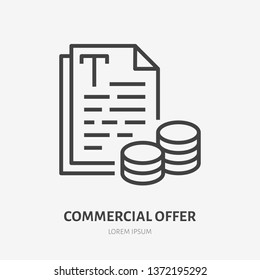 Commercial Offer Flat Line Icon. Price List, Illustration Of Paper Pages With Money. Thin Sign Of Writing Cost, Copywriter Logo.