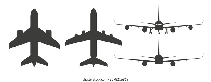 Commercial passenger aircraft, top, front and rear views. Flat vector illustration isolated on white background.