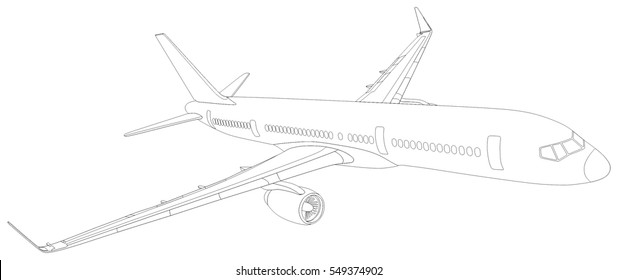 Commercial Plane Outline Flying in the Sky travel tourism business holiday vacation aviation concept passenger jet sketch with out line all parts cockpit body wings tail windows doors vector