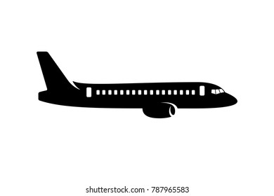 Commercial plane silhouette on white background.