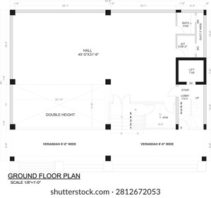 Commercial plaza plan blueprint, 2D architectural ground floor plan showing hall, double height area and verandah layout for commercial building design and construction planning.