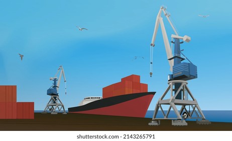 Commercial port with container ship at the pier and cargo cranes. Vector illustration.