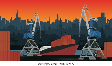 Commercial port with container ship at the pier and cargo cranes, city skyline on background with sunset. Cityscape and cargo port with cranes. Layers for parallax. Vector illustration.