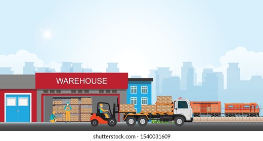 Commercial port with freight train. Workers loading the truck with packaged goods at the industrial warehouse with a forklift truck, vector illustration. svg