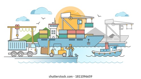 Commercial port harbor dock with container ship unloading outline concept. Industrial water transportation and trade logistics vector illustration. Freight terminal with export distribution tankers.